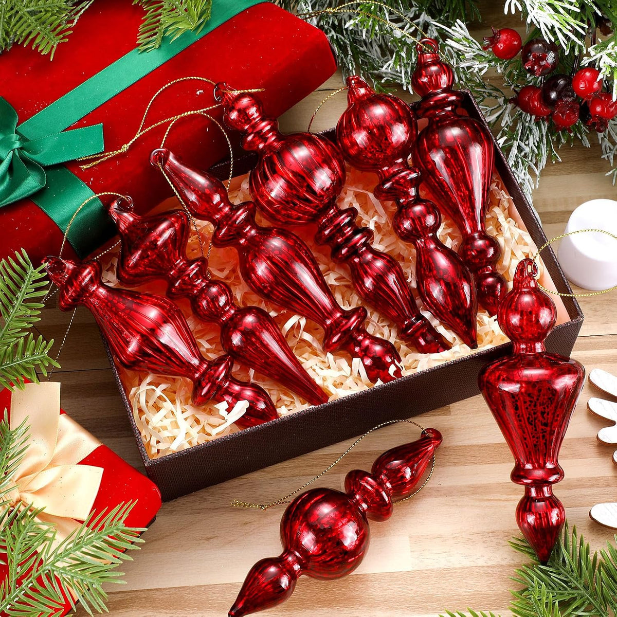 Mifoci 8 Pcs 6 Inch Mercury Glass Finial Christmas Ornaments,Red