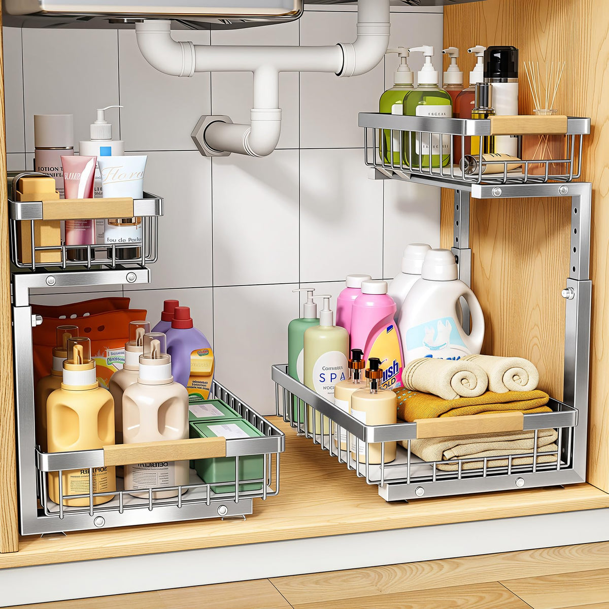 PXRACK Under Sink Organizer, Adjustable Height, 2 Tier Pull Out Under Cabinet Organizer, Slide Out Thickened Metal Under Sink Storage for Kitchen Bathroom Laundry Pantry Cabinet, White, Large-2-Pack