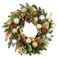 Hykolity 28 Inch Pre-Lit Botanical Christmas Wreath with 50 Warm White LEDs and Timer, Battery Operated Artificial PE & PVC Wreath with Ornaments, Pinecones and Layered Gold Leaves for Front Door