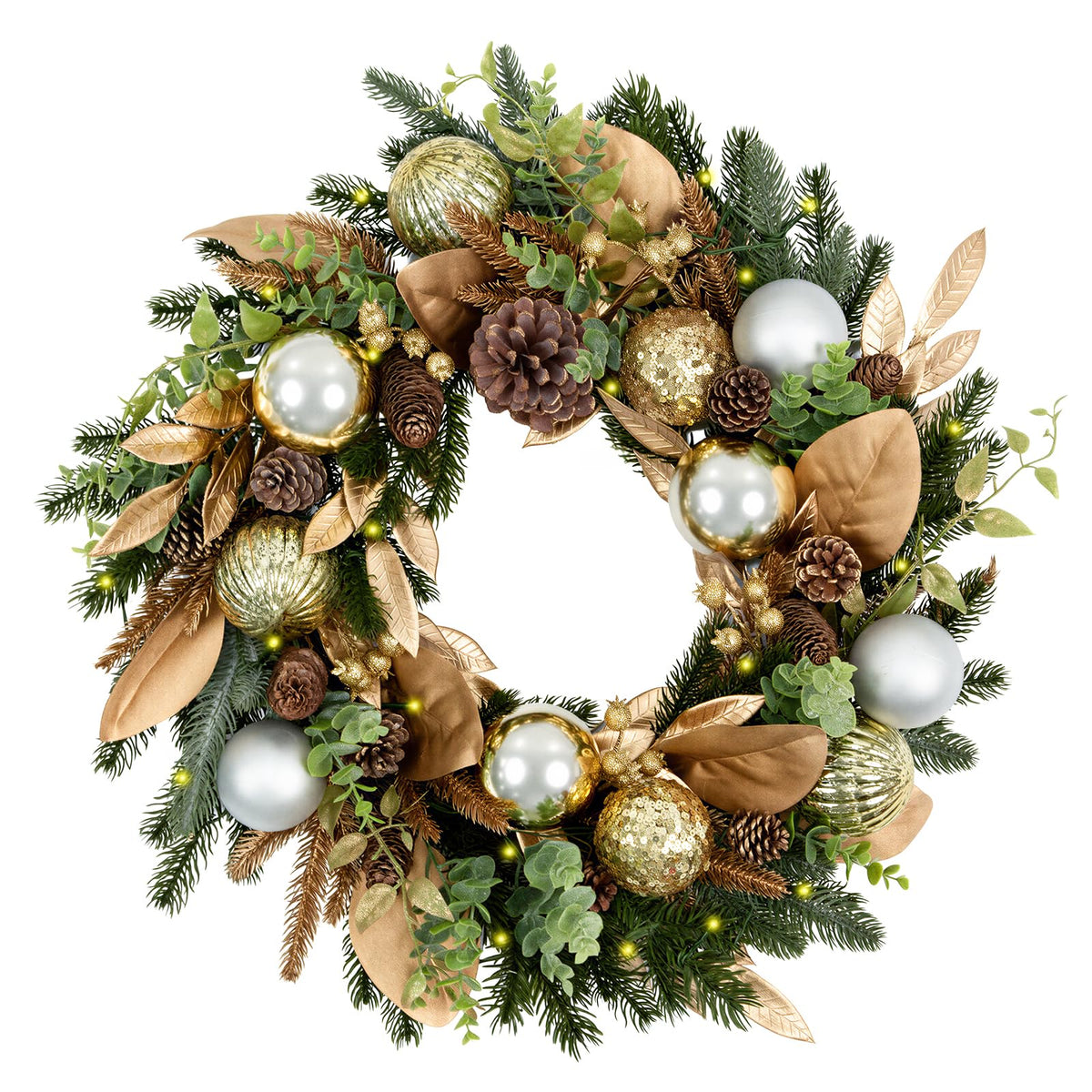 Hykolity 28 Inch Pre-Lit Botanical Christmas Wreath with 50 Warm White LEDs and Timer, Battery Operated Artificial PE & PVC Wreath with Ornaments, Pinecones and Layered Gold Leaves for Front Door