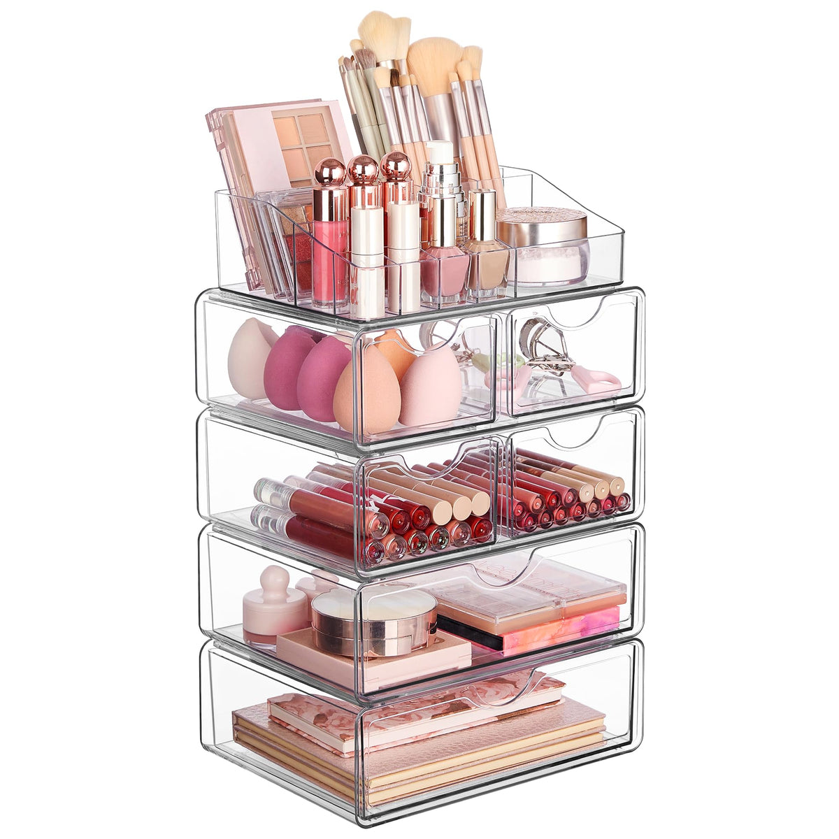 Vtopmart 3 Tier Clear Makeup Organizer with 2 Drawers | Smart Storage Layout, Clear for Better Visibility, Stackable, Large Capacity, for Makeup Lipstick Brush Skincare