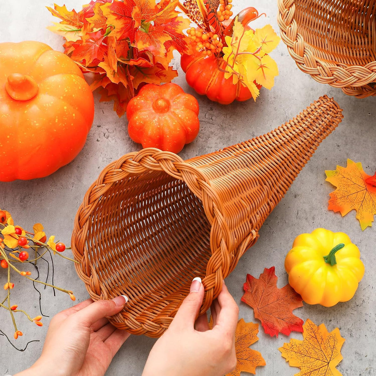 Dandat 1 Pcs Fall Cornucopia Basket Centerpiece 13.78 Inch, Imitation Vine
