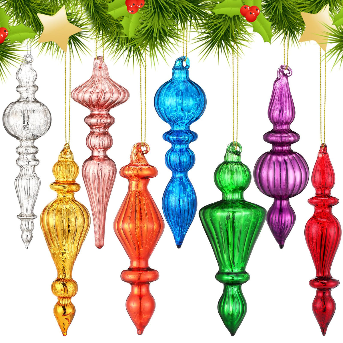 Mifoci 8 Pcs 6 Inch Mercury Glass Finial Christmas Ornaments,Red