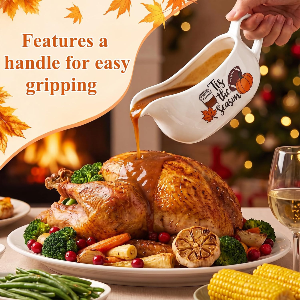 2 Pcs 17oz Thanksgiving Gravy Boat with Saucer Set, Ceramic