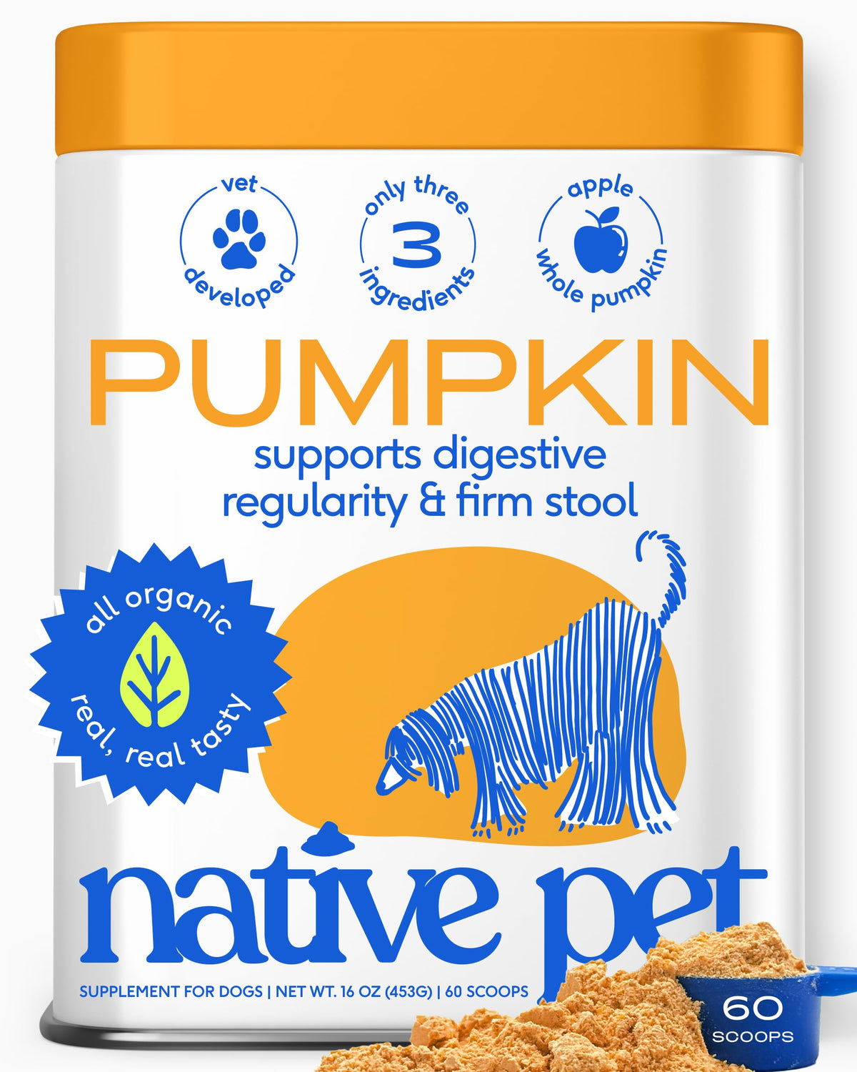 Native Pet Pumpkin for Dogs - Organic Dog Food Topper Powder - Promotes Firm Stools, Supports Digestive, Bowel Health & Nutrient Absorption - USDA Organic, Rich in Fiber with Real Pumpkin - 30 Scoops