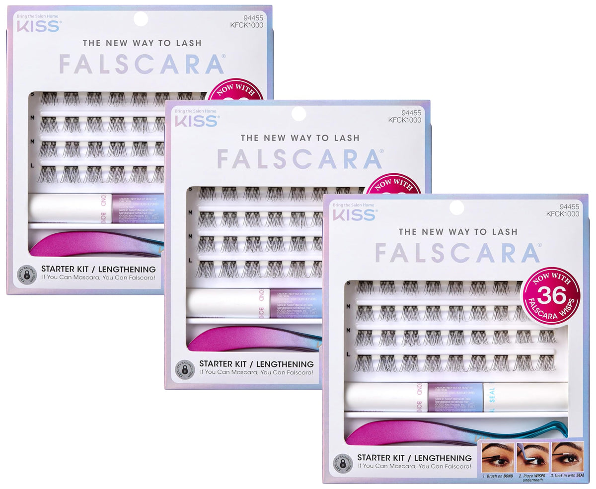 KISS Falscara DIY Lash Extension Starter Kit 10 Reusable Featherlight Eyelash Lengthening Wisps, Applicator, Bond & Seal