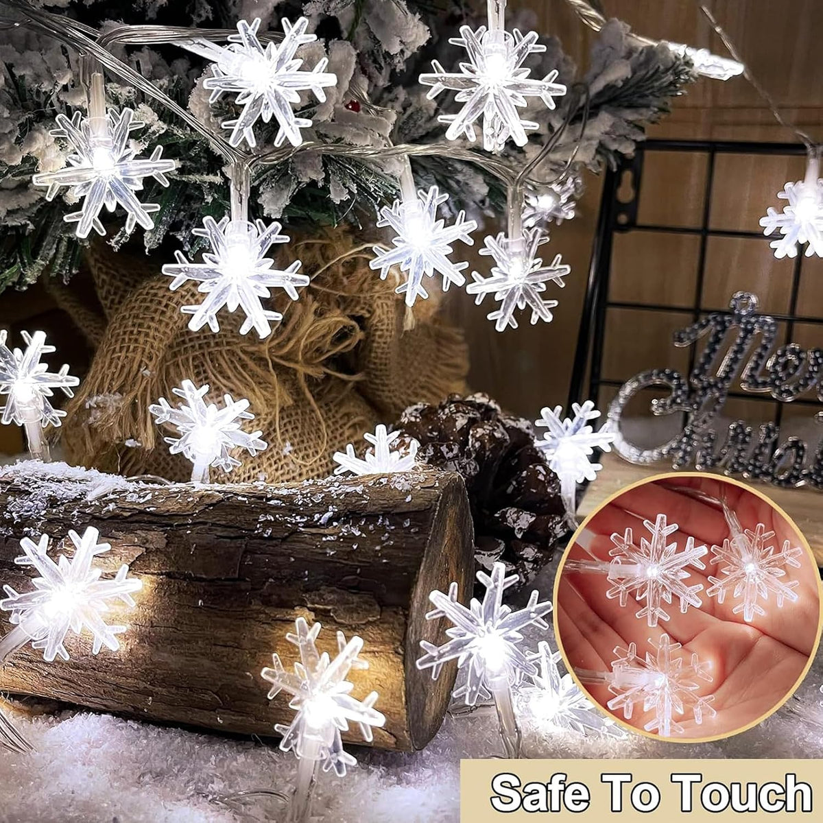 Christmas Snowflake Lights, 20ft 40LED 8 Modes & Timer Battery Operated Fairy Lights for Indoor/Outdoor Holiday Party Decorations (White)