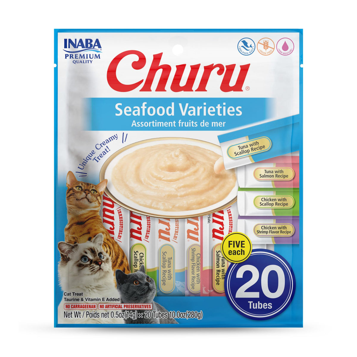 INABA Churu Cat Treats, Lickable, Squeezable Creamy Purée Cat Treat with Green Tea Extract & Taurine, 0.5 Ounces Each Tube, 20 Tubes, Tuna Variety