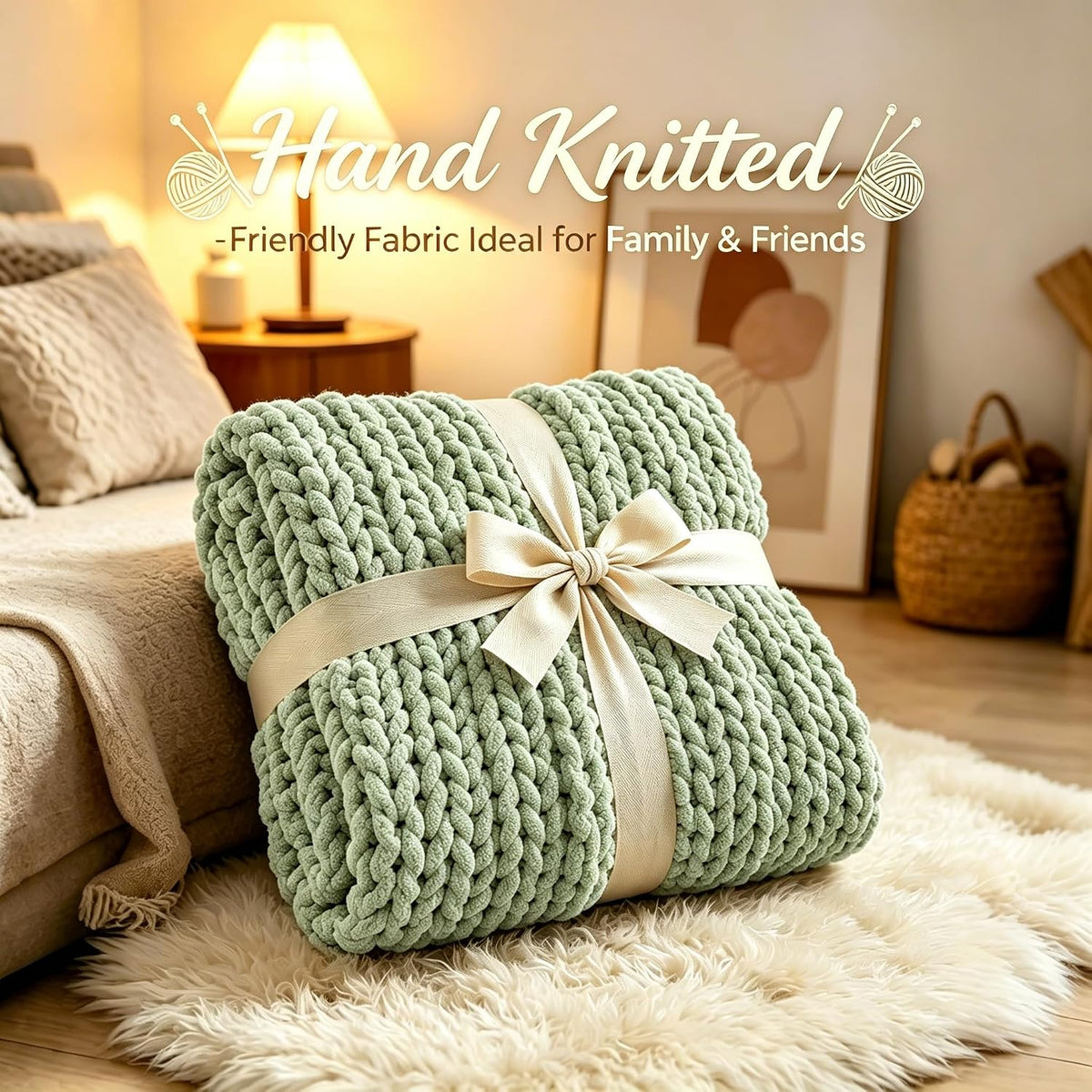 Chunky Knit Blanket Throw for Couch, 51"x63" Chunky Yarn Knitted Blankets | 100% Hand Knit Thick Chenille, Soft Breathable for Bed, Sofa, Home Decor, Cozy Gifts for Women Friends, Sage Green