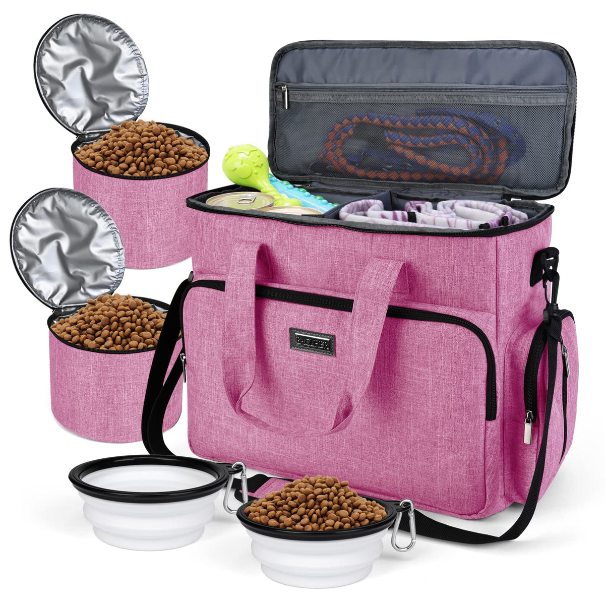 BAGLHER Pet Travel Set Airline-Approved Carrier for Small/Medium Cats & Dogs + Travel Bag with Food Containers & Silicone Bowls, Grey & Green