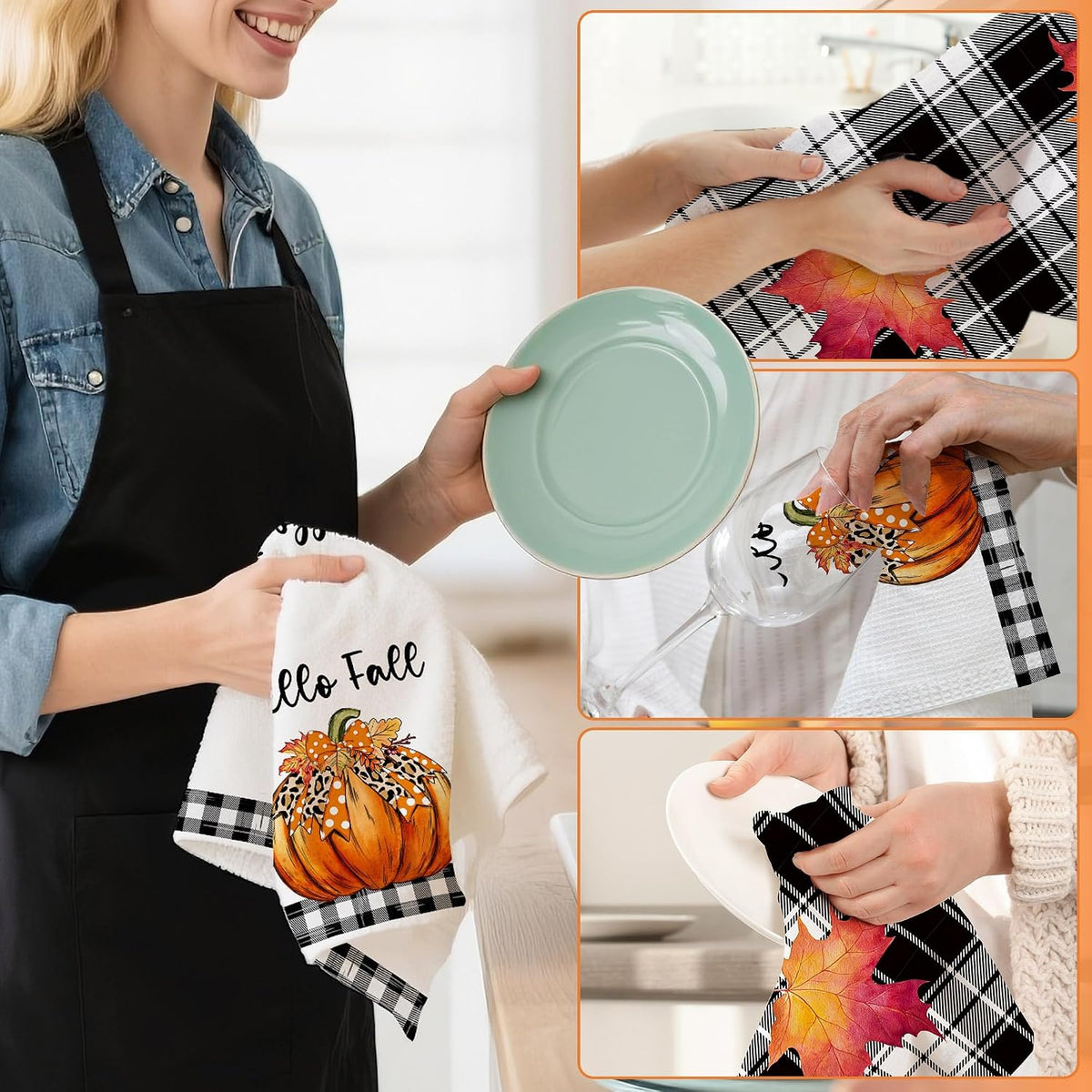Hexagram Pumpkin Fall Kitchen Towels, Buffalo Check Fall Decor Hand Towels