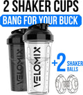 VELOMIX 2 Pack 28oz Protein Shaker Bottle for Protein Mixes, Black/Transpar