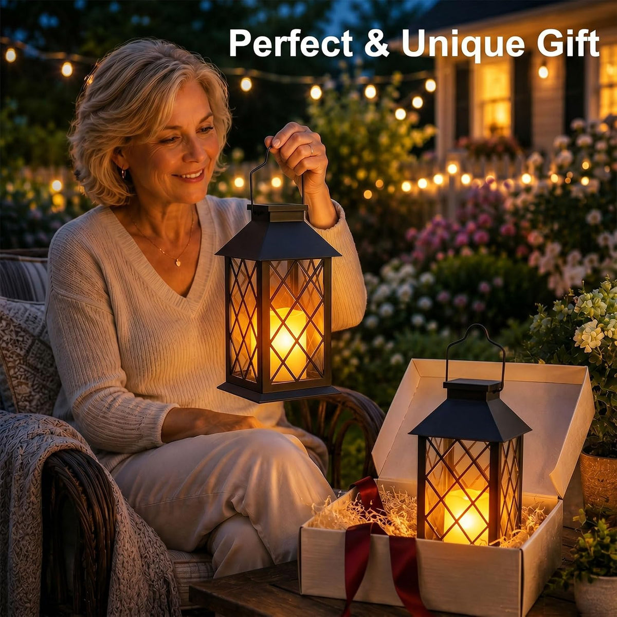 2 Pack 14'' Black Large Outdoor Solar Lanterns Outdoor Waterproof