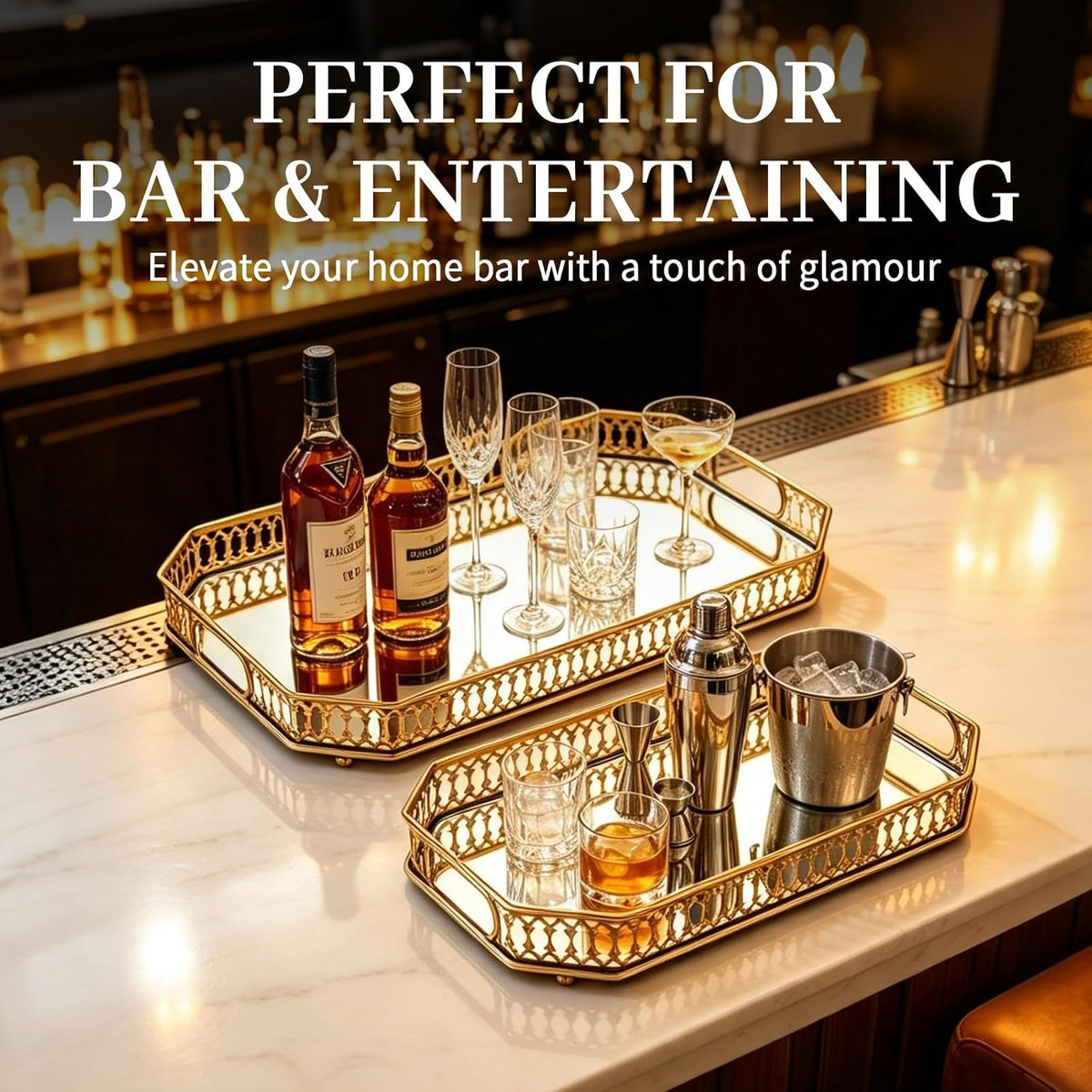 2 PCS Bar Cart Tray, Gold Mirror Tray with Handles for Home Decor