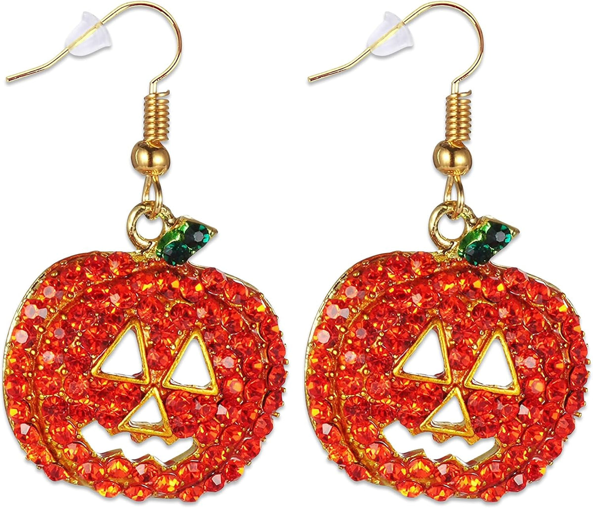 4E's Novelty Halloween Pumpkin Earrings for Women, Crystal Dangle Drop Earrings Hypoallergenic, 1.5” Smiling Face Pumpkin Halloween Earrings, Fun Festive Costume Jewelry Halloween Party Jewelry Gift
