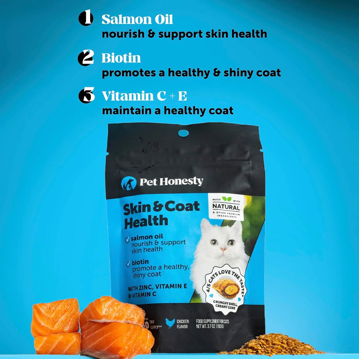 Cat Skin & Coat Supplement Crunchy Creamy Chews - Salmon Oil for Cats Omega 3 Itchy Dry Skin Relief - Feline Shedding Control - Biotin Vitamins for Indoor Cats Shiny Soft Coat (90-Day Supply)