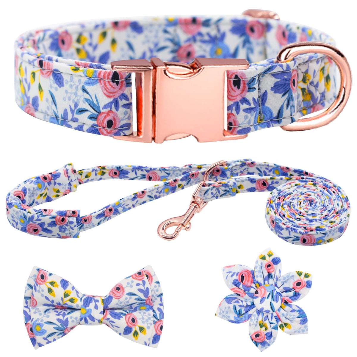 Dog Collar and Leash Set Girls Adjustable Puppy Collars with Floral Bow Tie for Small Medium Large Female Dogs, Orange Flower, XS