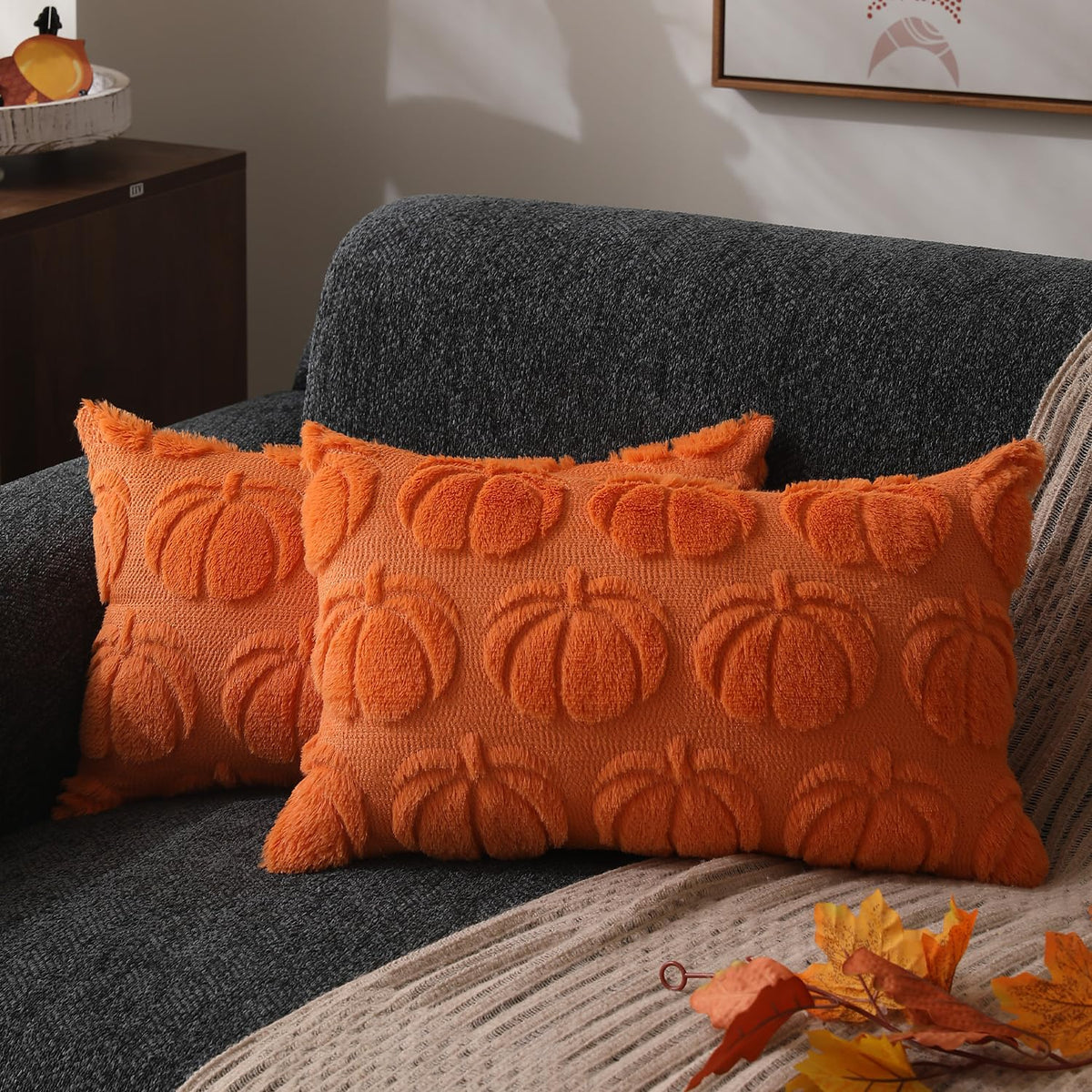 DFXSZ Fall Pillow Covers 18x18 2Pcs Rust Pumpkin Fall Decorations for Home | Fall decor Set of 2 Throw Pillow Cases Soft Plush Faux Fur Wool Couch Cushion for Chair Sofa Bedroom Living Room Home Decor
