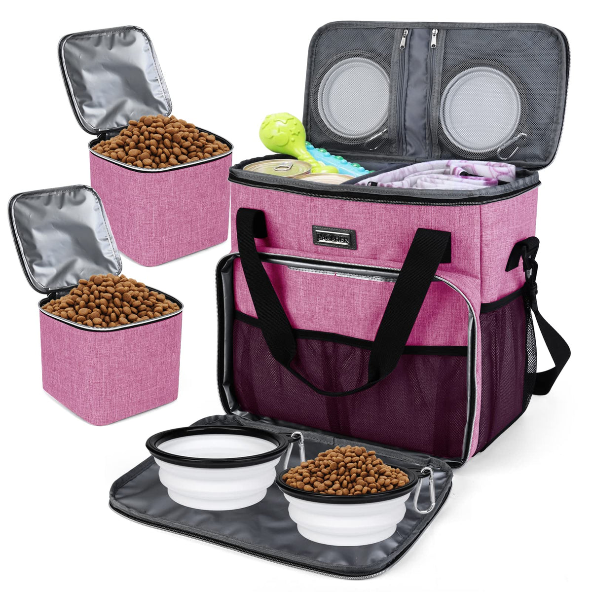 BAGLHER Pet Travel Set Airline-Approved Carrier for Small/Medium Cats & Dogs + Travel Bag with Food Containers & Silicone Bowls, Grey & Green