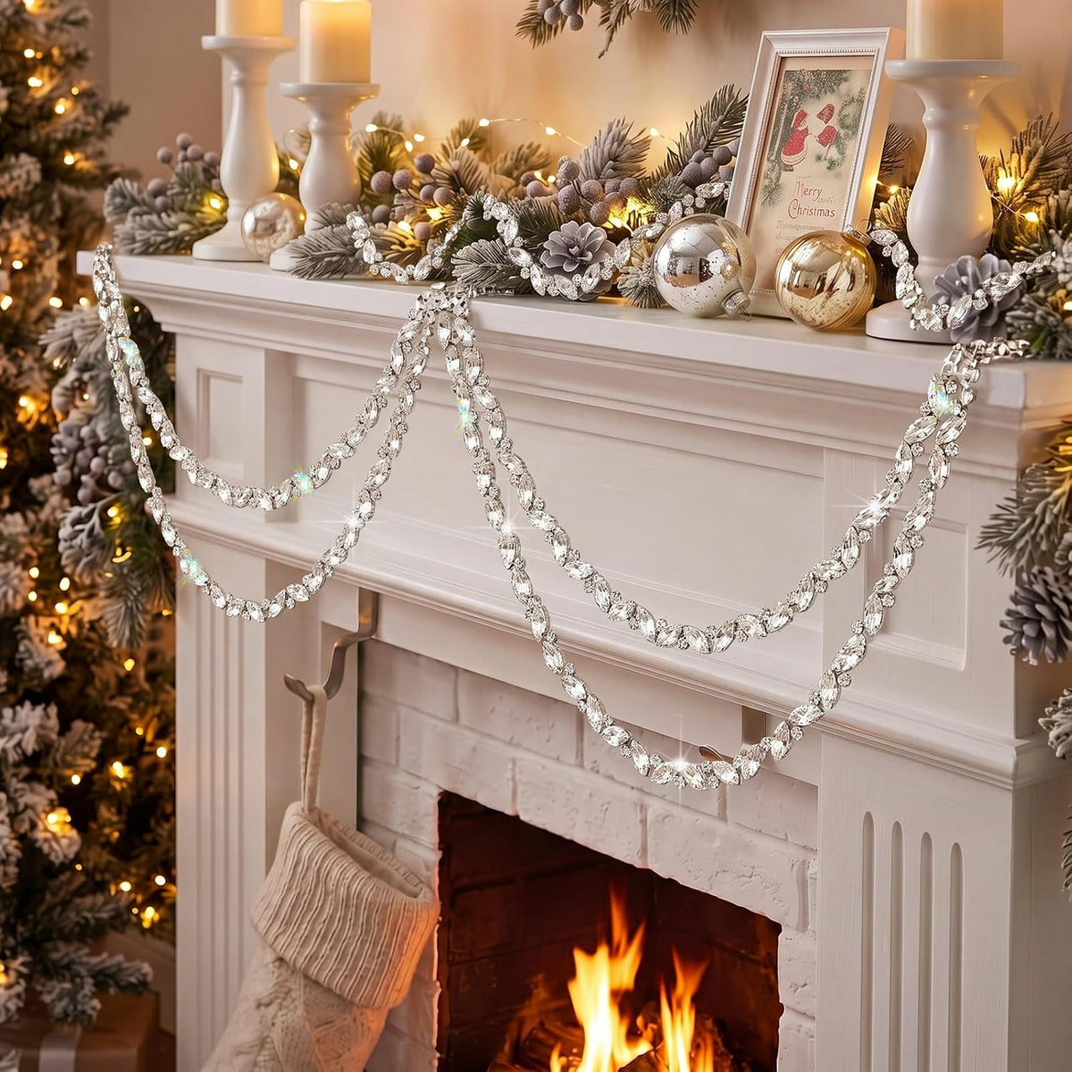 Yookeer 12 ft Silver Crystal Christmas Tree Garlands Rhinestone Ornament