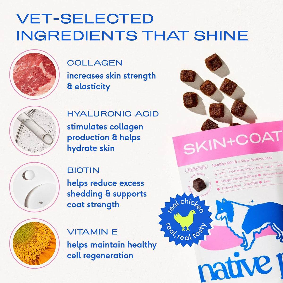 Native Pet Skin & Coat Chews - Omega 3 Fish Oil for Dogs Skin & Coat Supplement - Itch Relief, Shiny Fur & Shedding Support - Collagen, Hyaluronic Acid, Biotin, Probiotics & Salmon Oil - 30 Chews