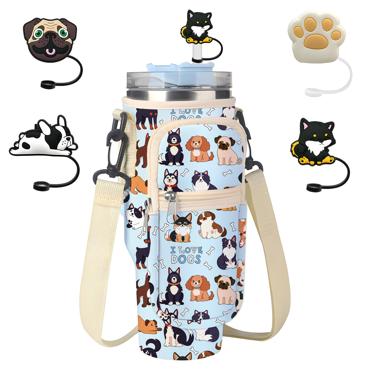 Stanley Cup Bag, Cup Holder for Stanley 30oz/40oz Tumbler with Handle, Stanley Carrier Bag with 4Pcs Cute Straw Topper for Stanley Cup Accessories