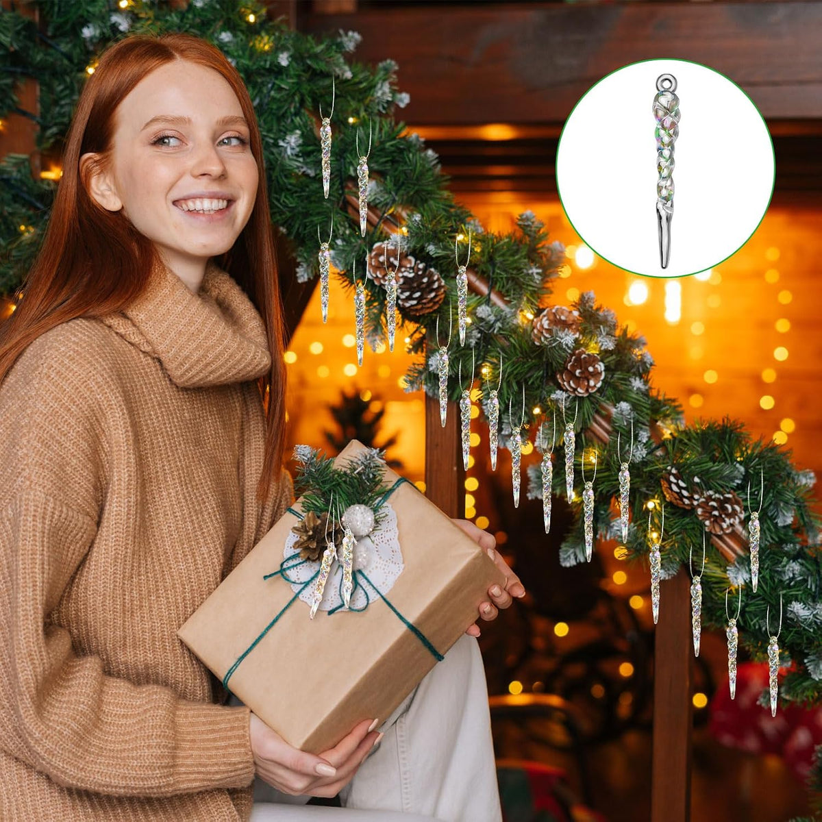 Cinnvoice 36 Pcs Iridescent Christmas Icicle Ornaments for Christmas Decor