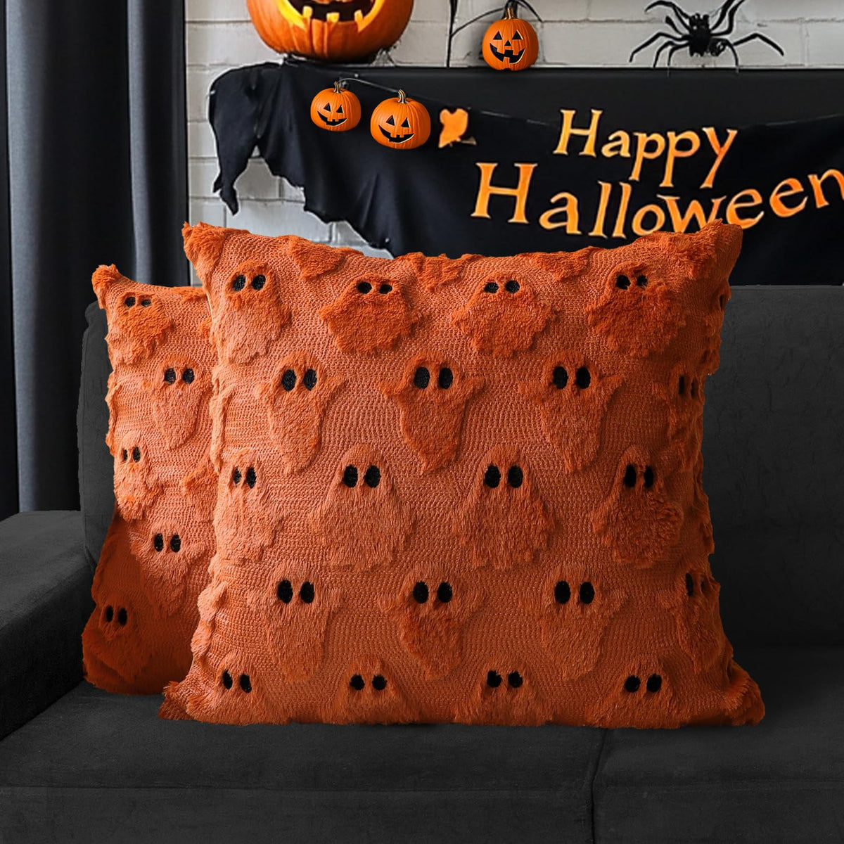 Halloween Ghost Decorative Pillow Covers 18x18 Set of 2, Beige Soft Plush Faux Fur Farmhouse Throw Cushion Cases for Fall Holiday Home Decorations