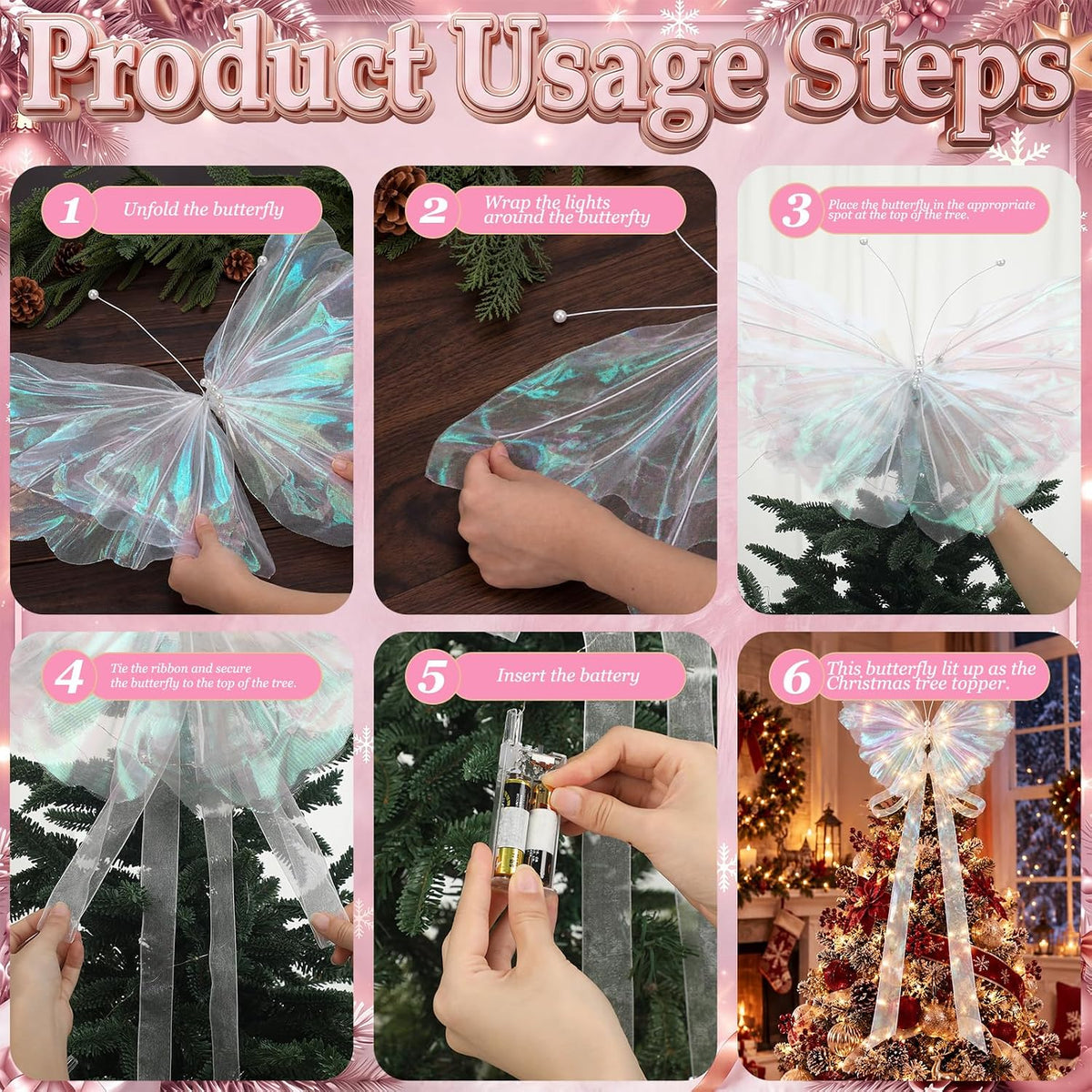 Blueweenly White Butterfly Christmas Tree Topper with Lights, 3D 20" Large