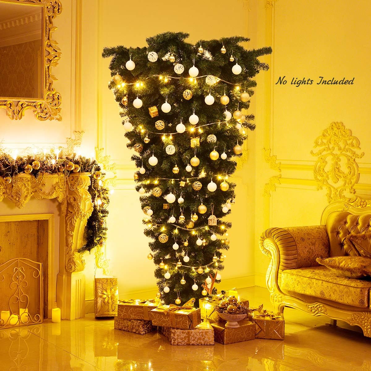Goplus 7ft Upside Down Christmas Tree, Artificial Xmas Tree with Metal Stand, 1000 Branch Tips, Green Inverted PVC Tree for Indoor Outdoor Holiday Decoration