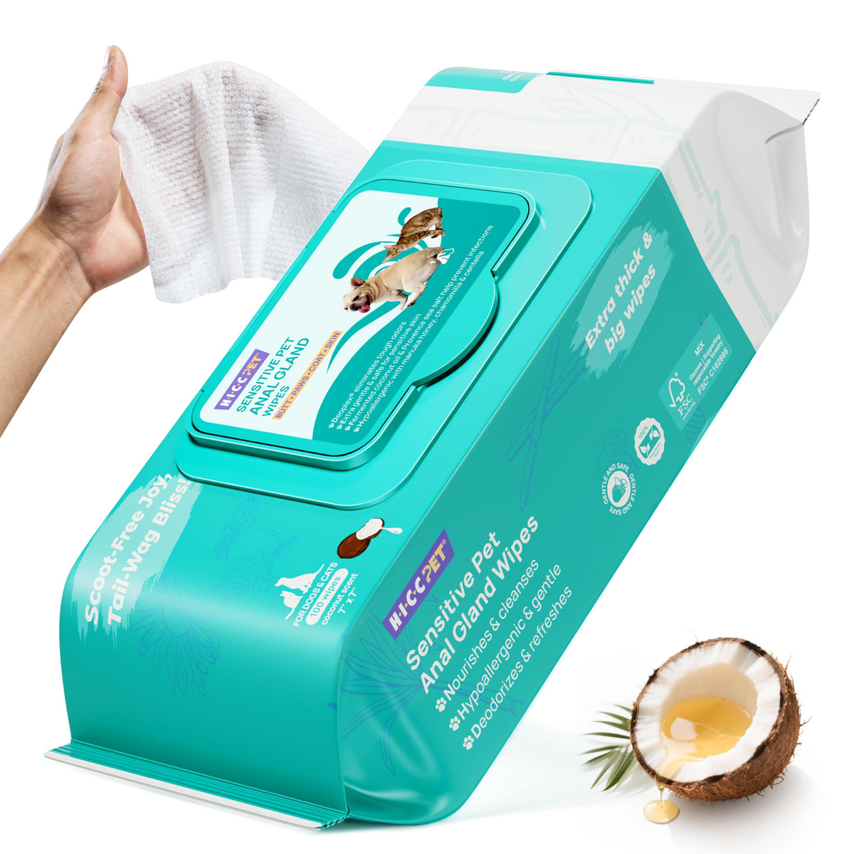 HICC PET Wipes for Dogs & Cats, Cleaning Deodorizing External Anal Area Wipes, Hydrating & Nourish Fur Dog Grooming Wipes for Paw, Butt, Body