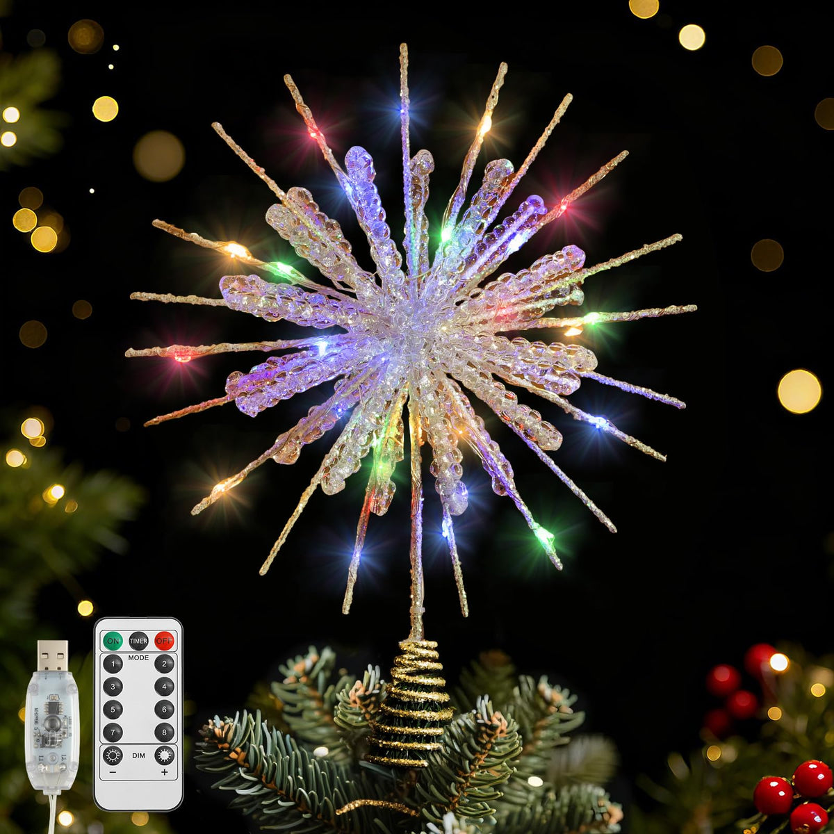 Lewondr Crystal Firework Christmas Tree Topper with Lights, Gold