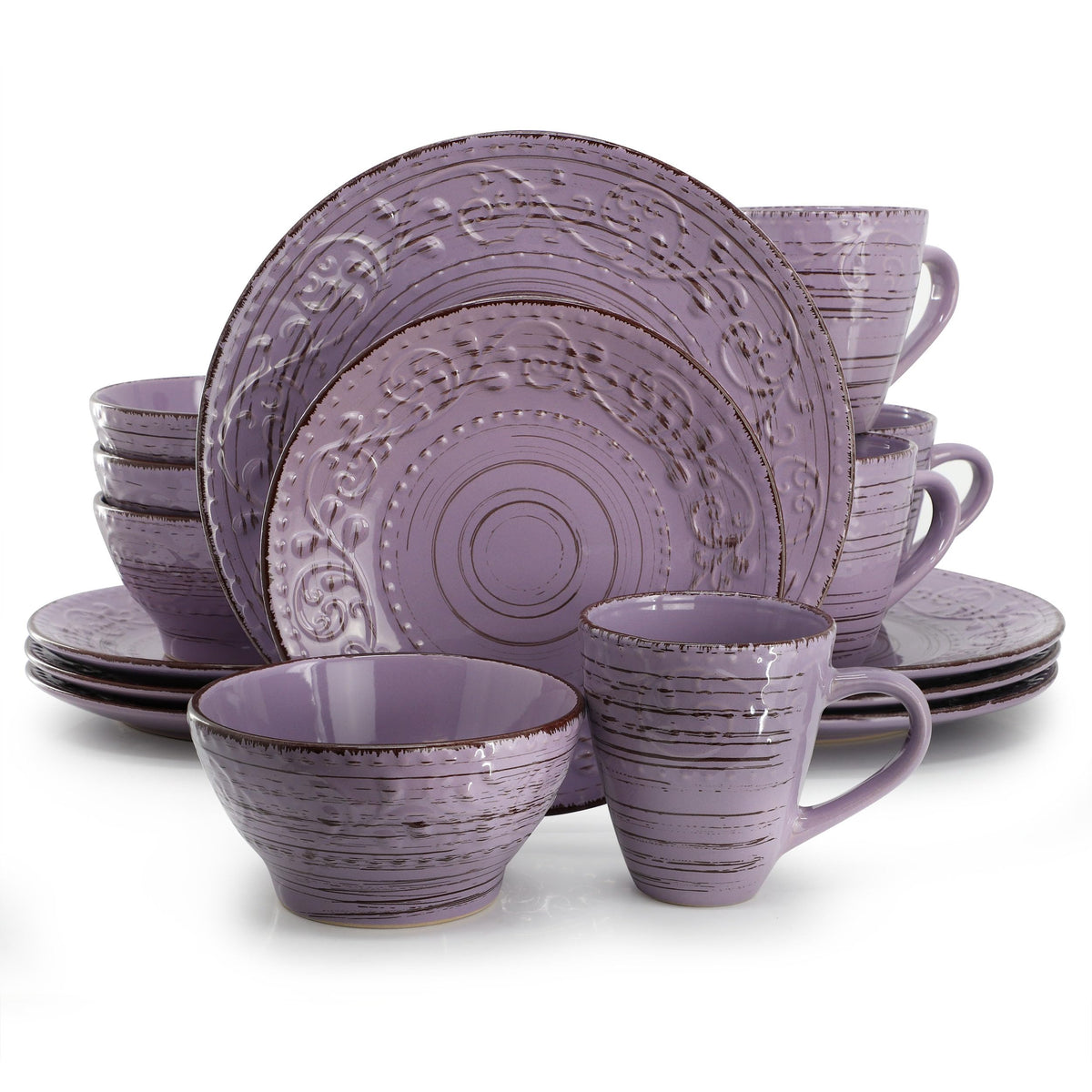 Elama Malibu Jasper 16-Piece Stoneware Embossed Pattern Reactive Glaze Orange Dinnerware Set, Tableware, Serveware Set (Jasper Orange)