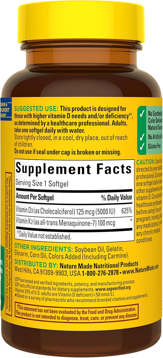 Nature Made Vitamin D3 K2 Supplement, 30 Softgels | Vitamin D 5000 IU (125 mcg) for Immune, Bone, Teeth and Muscle Health Support, 30 Day Supply