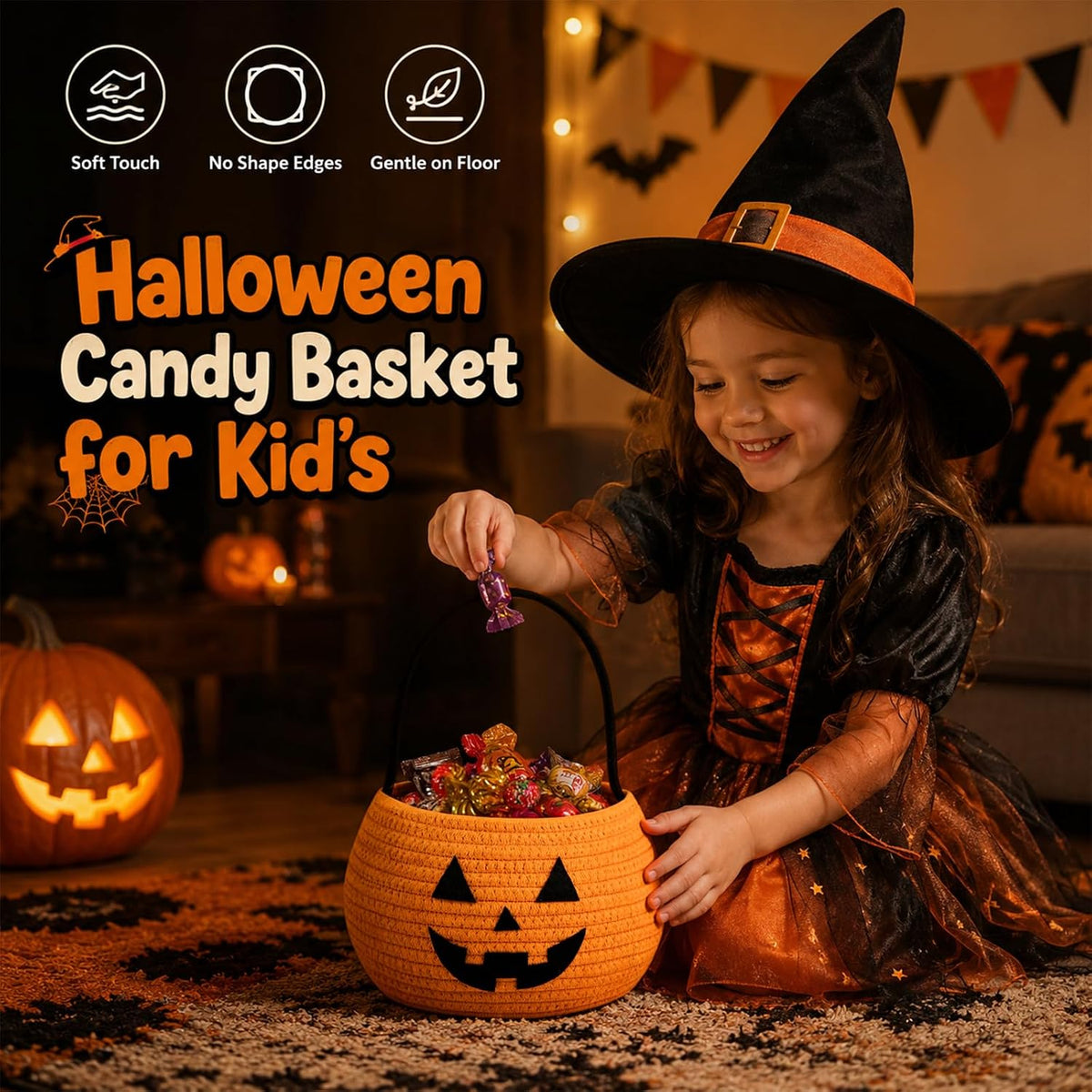 OIASKET Cotton Rope Halloween Pumpkin Basket with Handle, Trick or Treat Bucket for Kids, Woven Boo Candy Basket for Neighborhood Parades & Indoor Holiday Home Decor