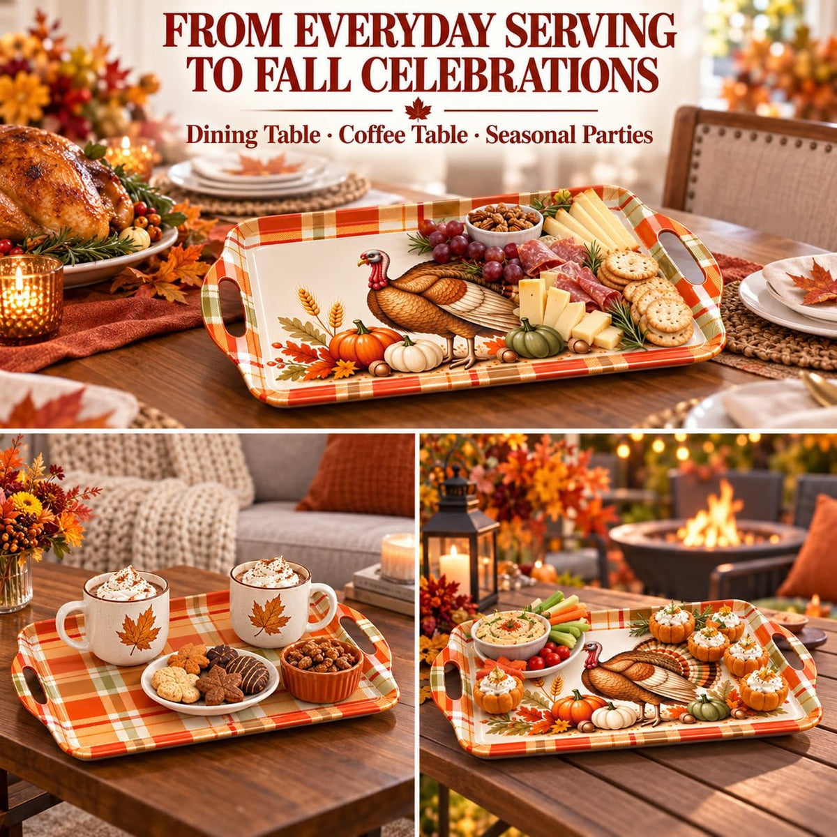 Thanksgiving Serving Trays with Handles, 19 x 11.6 Inch, Set of 2, Bamboo Fiber Serving Platter, Dishwasher Safe, with Removable Silicone Mats, Turkey and Fall Plaid