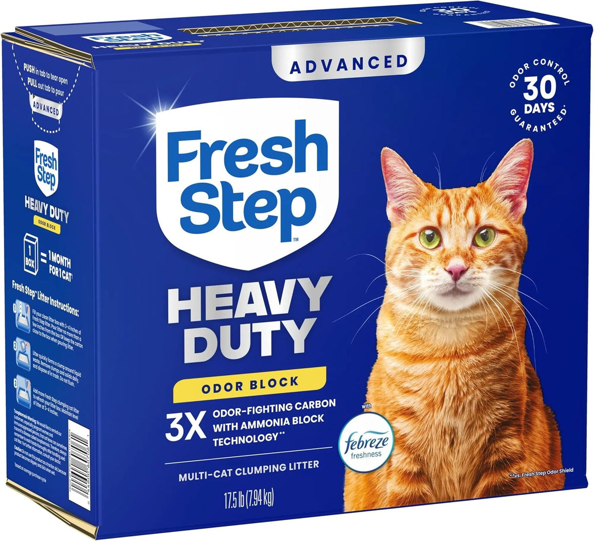 Fresh Step Heavy Duty Odor Block Advanced Multi Cat Clumping Litter with Febreze, 52.5 lb (Package May Vary),(17.5lb Pack x 3)