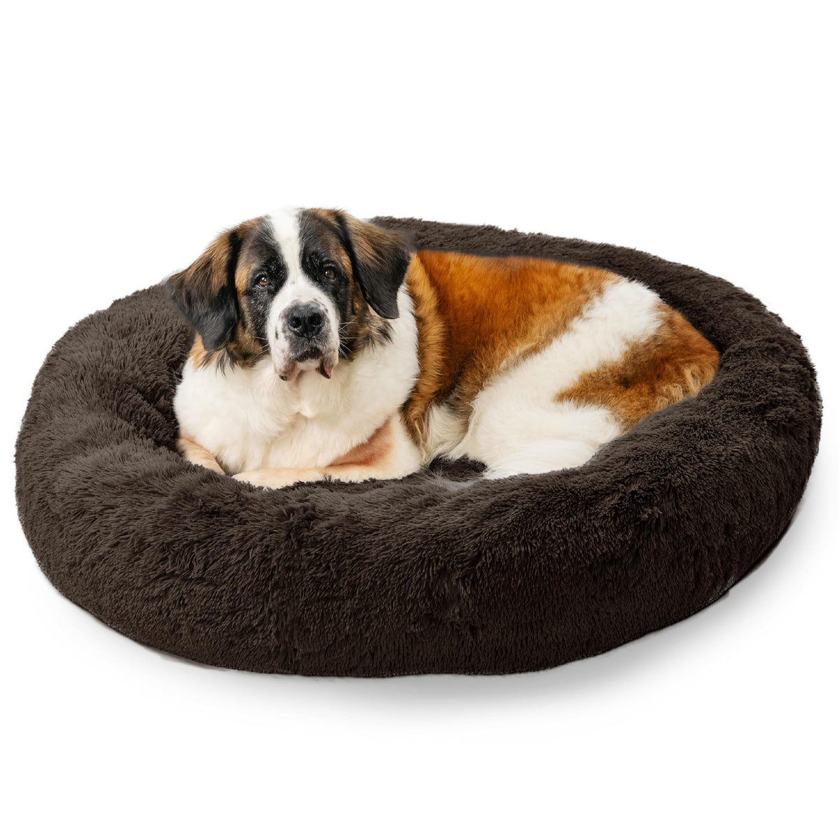 Best Friends by Sheri The Original Calming Donut Dog Bed for Large Dogs up to 100 lbs, Shag Faux Fur, Taupe, Large, 36" x 36"