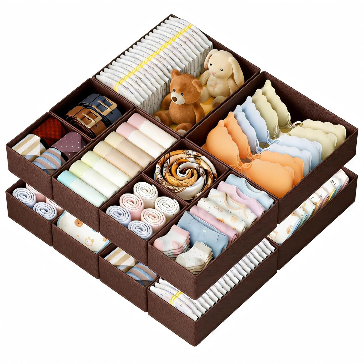 DIMJ Drawer Organizer Clothes, 12 Pack Dresser Organizer, Foldable Closet Organizers and Storage, Fabric Dresser Bins, Drawer Dividers for Nursery, Baby Clothes, Underwears, Sock (Beige)