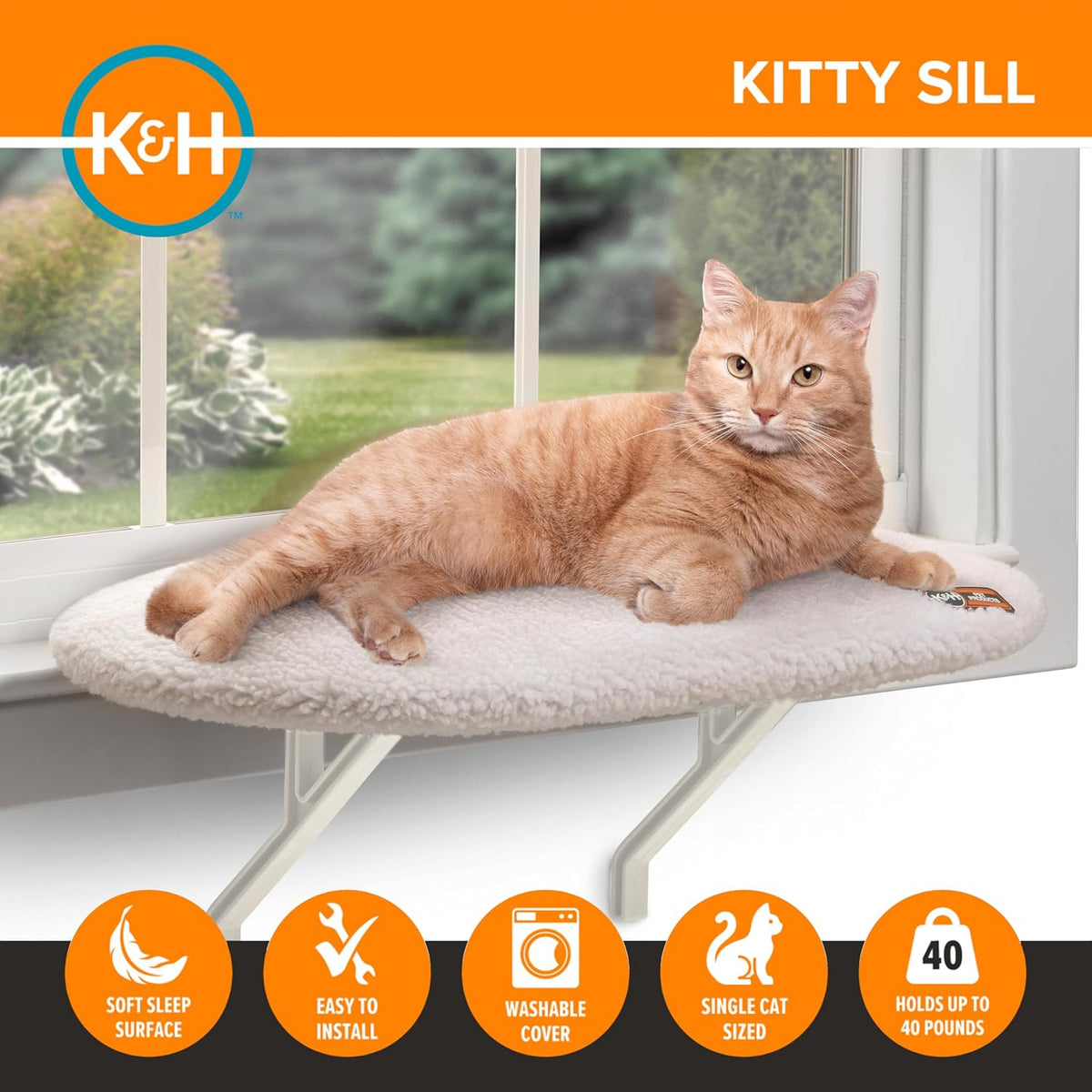 K&H Cat Window Perch Kitty Sill - Cat Window Hammock Bed with Strong Support Holds 40 lbs, Cushioned Windowsill Bed for Indoor Cats, Washable Cover, Cream Fleece, 24 x 14 Inches