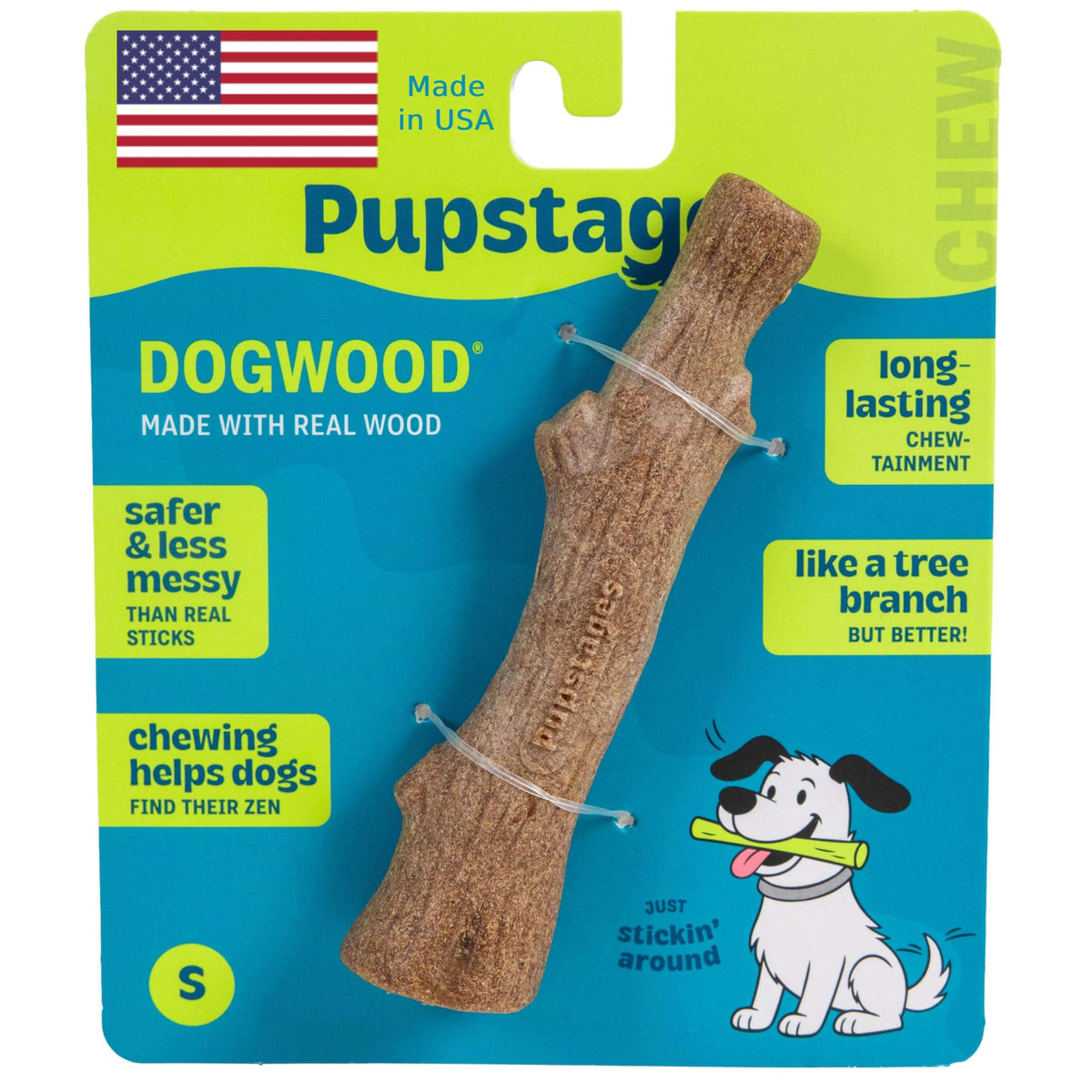 Pupstages Dogwood Dog Chew Toy, Made in the USA – Real-Wood Blend, Natural Flavor & Texture, Moderate Chewers, Large, 8"