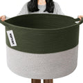 Large Woven Blanket Basket,65L Cotton Rope Laundry Basket Hamper with Handles, Decorative Nursery Basket Storage Bin for Toys, Clothes Organizer, Living Room, Bedroom, Bathroom, White & Brown