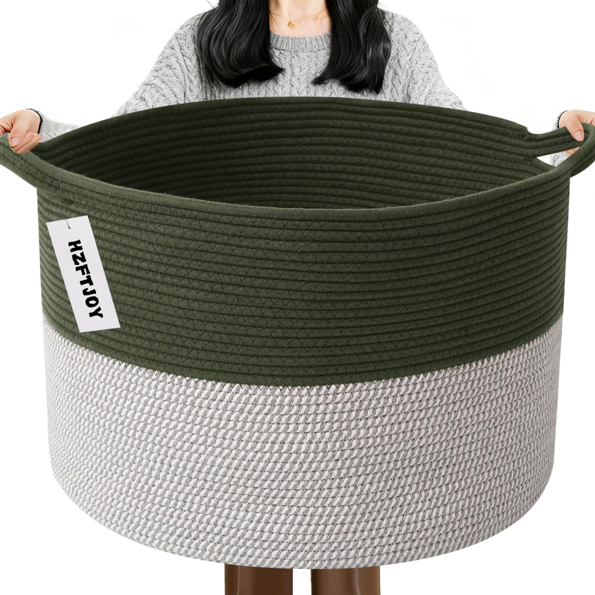 Large Woven Blanket Basket,65L Cotton Rope Laundry Basket Hamper with Handles, Decorative Nursery Basket Storage Bin for Toys, Clothes Organizer, Living Room, Bedroom, Bathroom, White & Brown