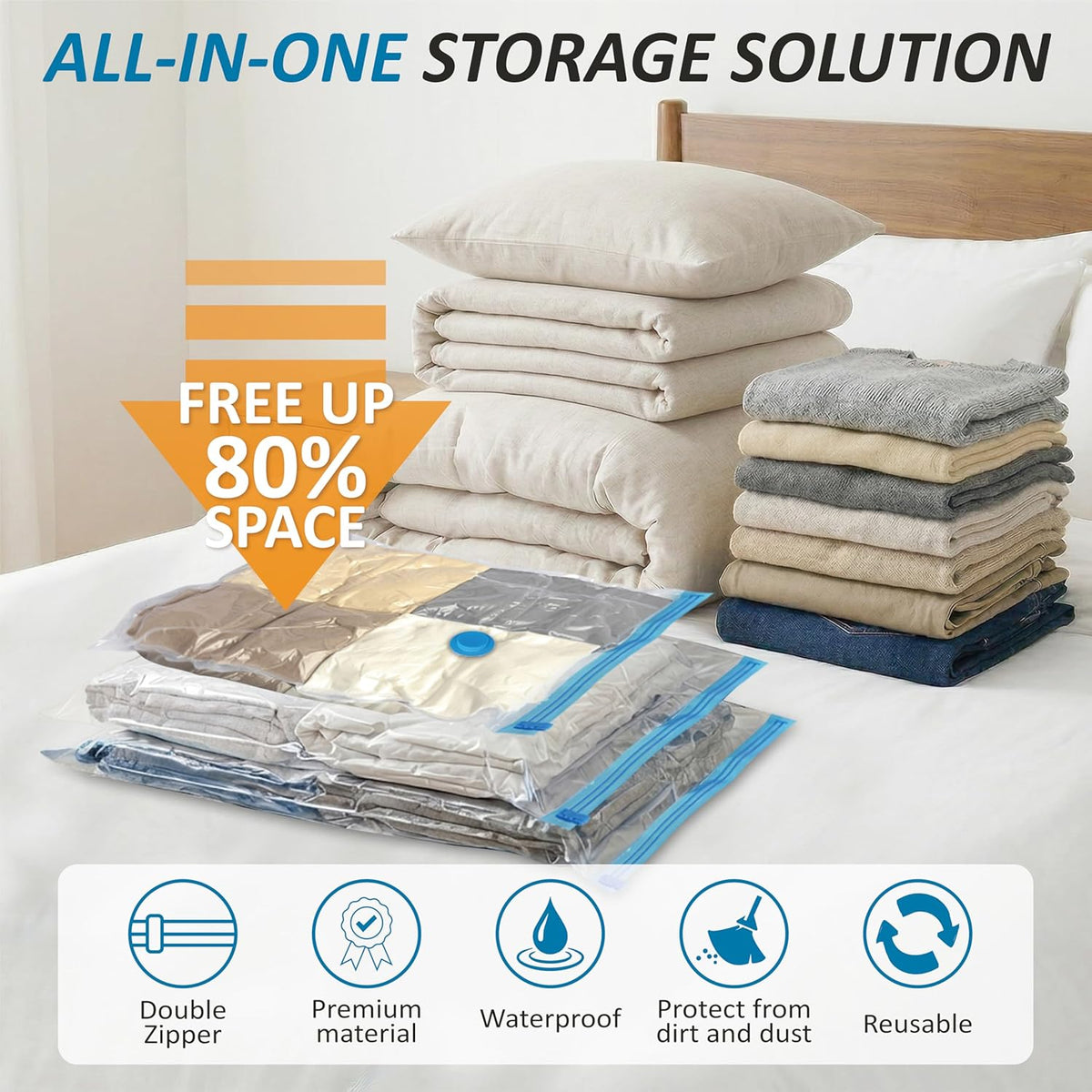Cozy Essential Vacuum Storage Bags, 80% Compression Vacuum Seal Space Saver Plastic Packaging Bags for Clothes, Blankets, Pillow, Bedding, Comforters, Sealer Clothing Storage,20 Combo