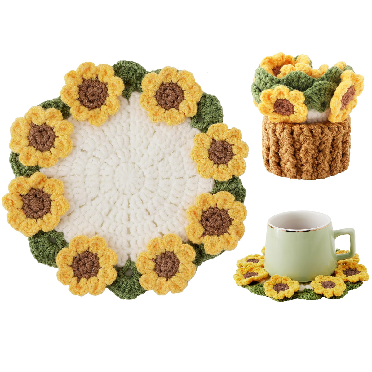 Crochet Flower Coasters, Handmade Bouquet Coasters with Crochet Plant Pot (Sunflower Yellow, 1Pc)