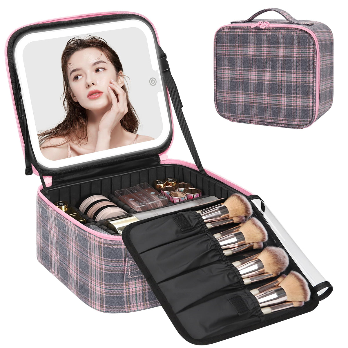 Relavel Travel Makeup Bag With LED Mirror, Cosmetic Train Case with Light up Mirror, Portable Makeup Artist Organizer Bag with Adjustable Dividers, Makeup Brush Holder Storage, Black