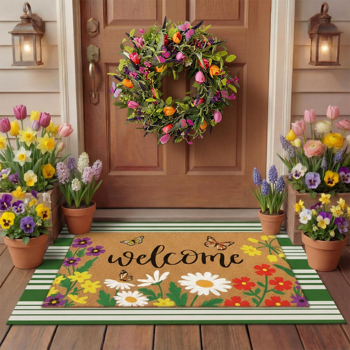 Tinideya 2 23.6 X 35.4 Inches Plaid Ghost Red Brown | Layered Coir Doormat Set, Non Slip Backing for Outdoor Entryway, Buffalo Plaid Seasonal Design, Front Porch Home Decor