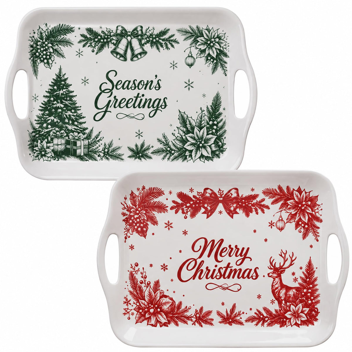 Thanksgiving Serving Trays with Handles, 19 x 11.6 Inch, Set of 2, Bamboo Fiber Serving Platter, Dishwasher Safe, with Removable Silicone Mats, Turkey and Fall Plaid