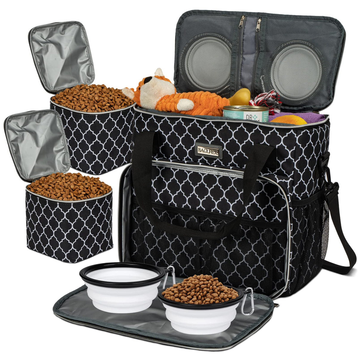 BAGLHER Pet Travel Set Airline-Approved Carrier for Small/Medium Cats & Dogs + Travel Bag with Food Containers & Silicone Bowls, Grey & Green