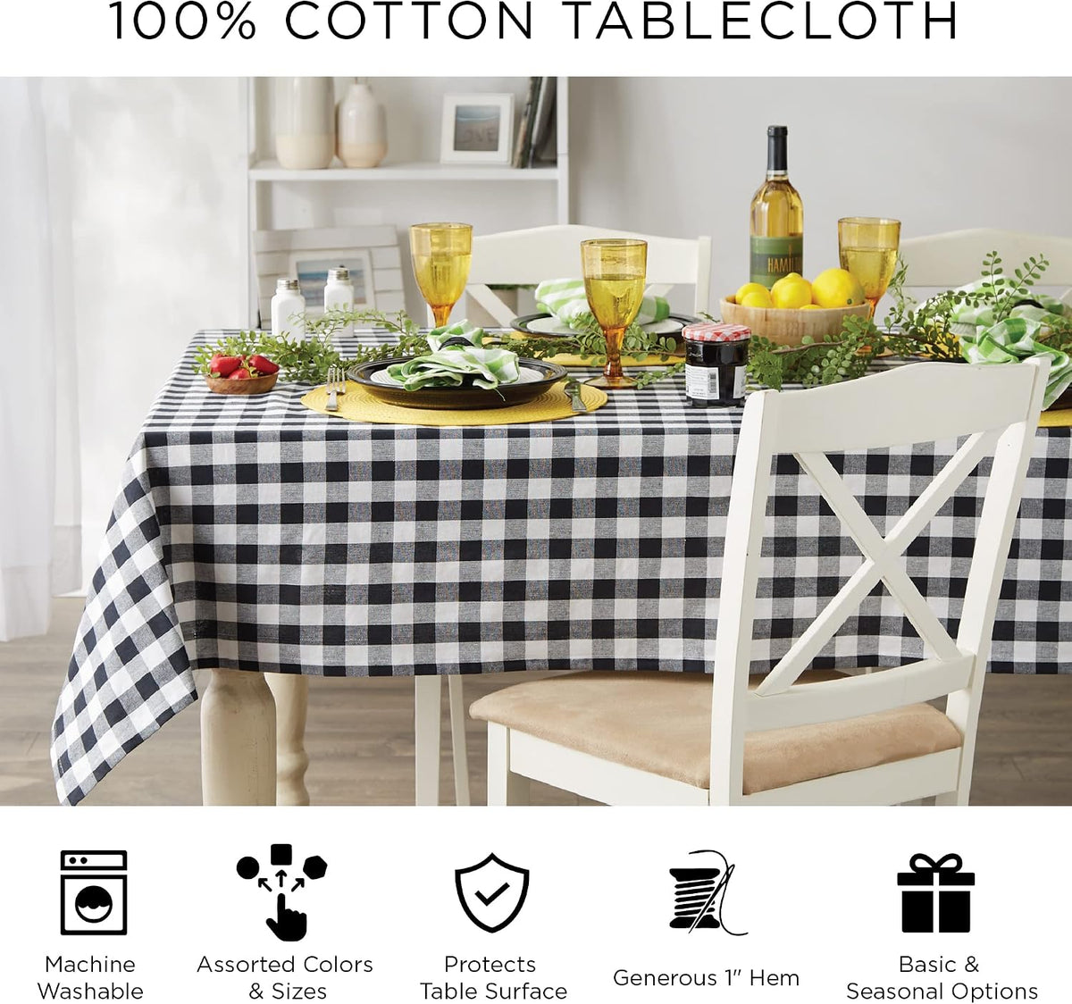 DII Fall Tablecloth Rectangle 60x84, Thanksgiving Cotton Plaid, Give Thanks